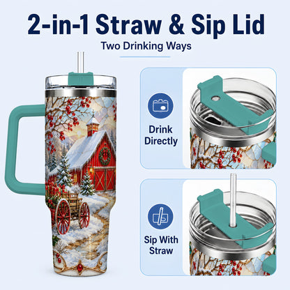 #pl[40oz|Green] Christmas Red Barn 40oz Tumbler with Handle, Winter Farm Travel Cup