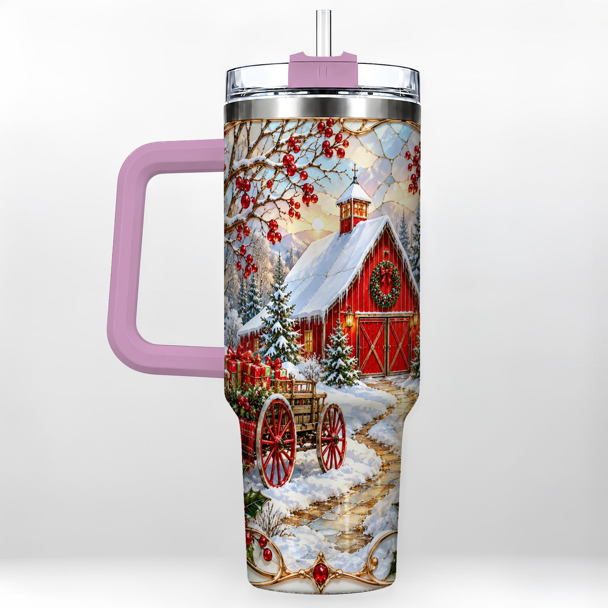 #pl[40oz|Pink] Christmas Red Barn 40oz Tumbler with Handle, Winter Farm Travel Cup