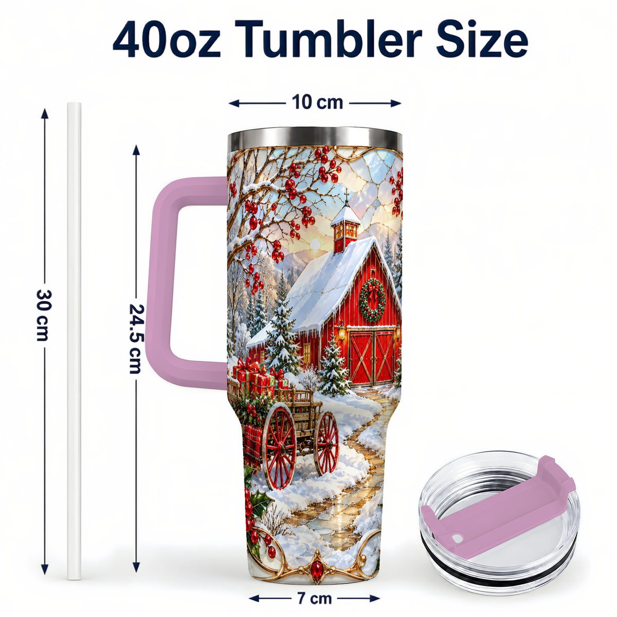 #pl[40oz|Pink] Christmas Red Barn 40oz Tumbler with Handle, Winter Farm Travel Cup
