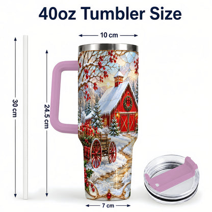 #pl[40oz|Pink] Christmas Red Barn 40oz Tumbler with Handle, Winter Farm Travel Cup