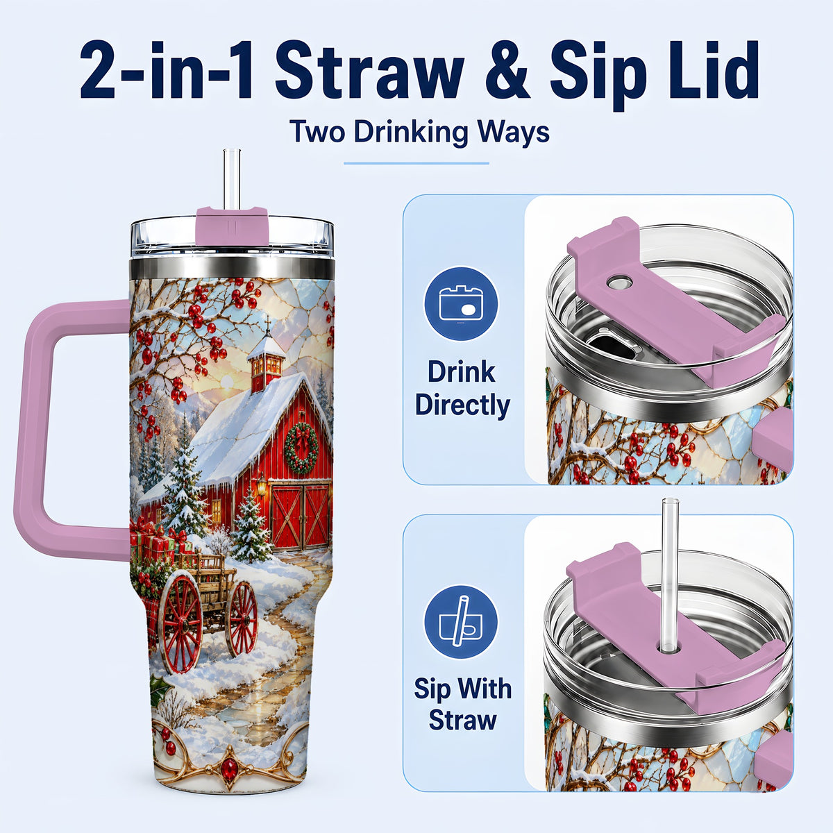 #pl[40oz|Pink] Christmas Red Barn 40oz Tumbler with Handle, Winter Farm Travel Cup