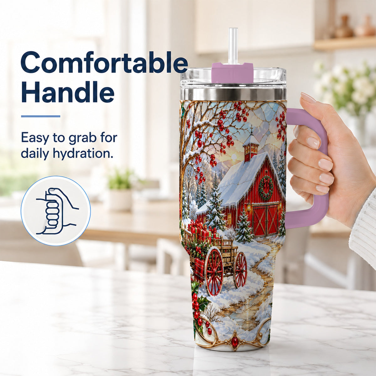 #pl[40oz|Pink] Christmas Red Barn 40oz Tumbler with Handle, Winter Farm Travel Cup