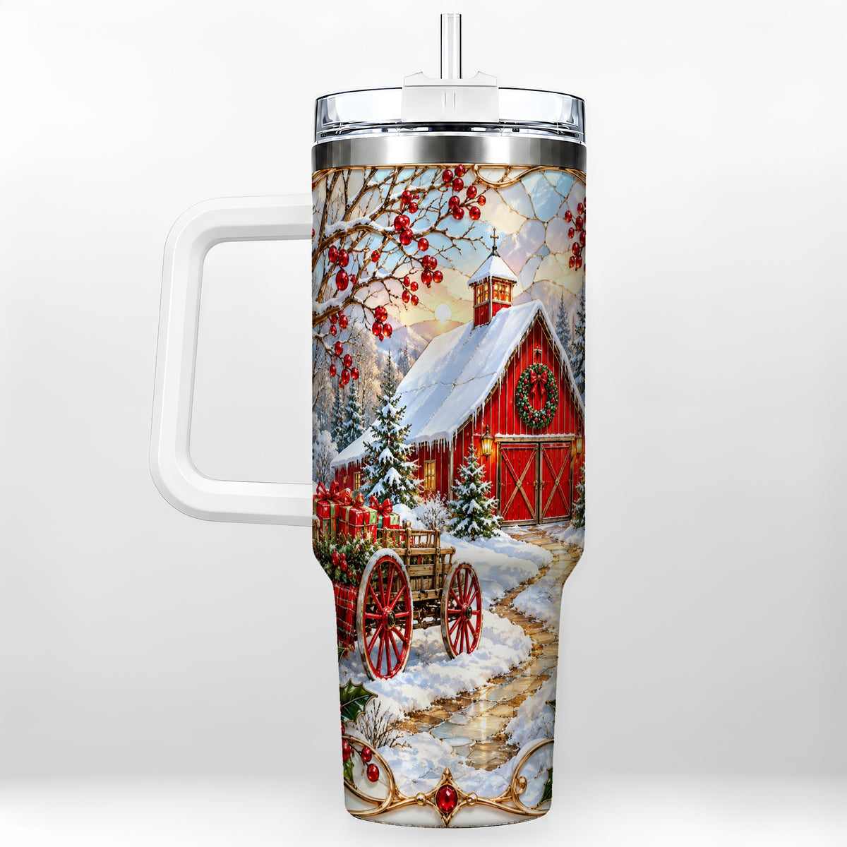 Christmas Red Barn 40oz Tumbler with Handle, Winter Farm Travel Cup