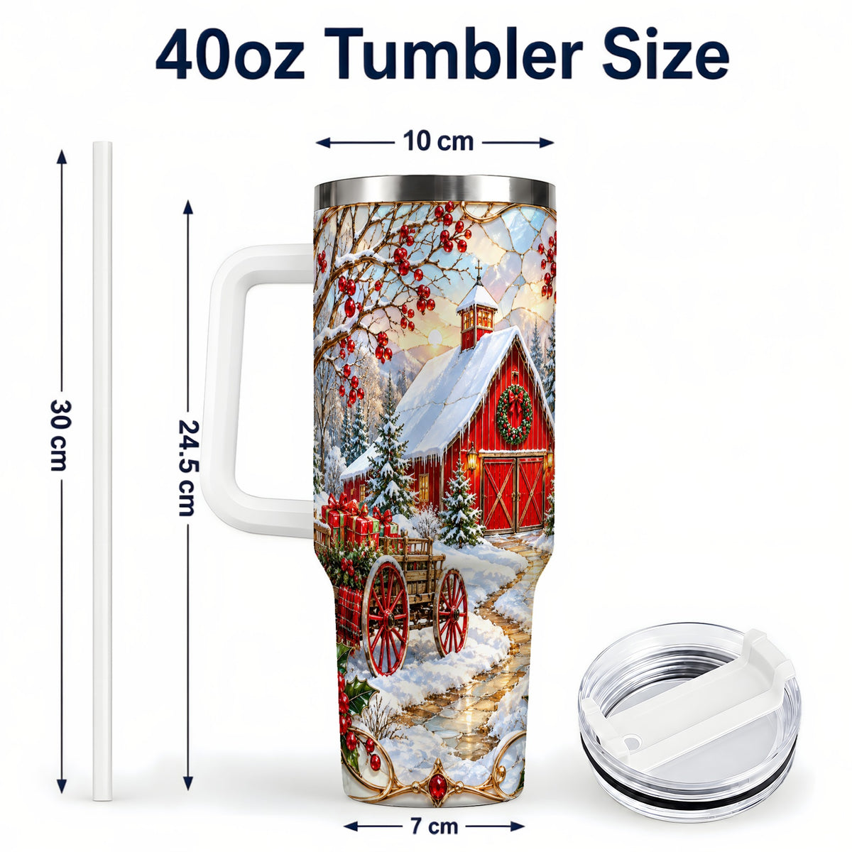 #pl[40oz|White] Christmas Red Barn 40oz Tumbler with Handle, Winter Farm Travel Cup