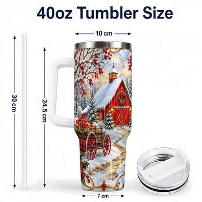#pl[40oz|White] Christmas Red Barn 40oz Tumbler with Handle, Winter Farm Travel Cup