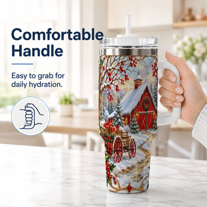 #pl[40oz|White] Christmas Red Barn 40oz Tumbler with Handle, Winter Farm Travel Cup