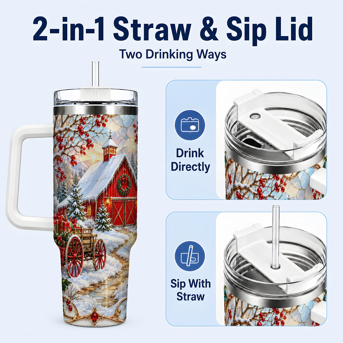 #pl[40oz|White] Christmas Red Barn 40oz Tumbler with Handle, Winter Farm Travel Cup