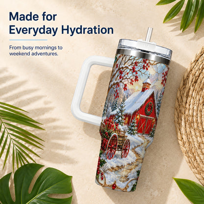 Christmas Red Barn 40oz Tumbler with Handle, Winter Farm Travel Cup