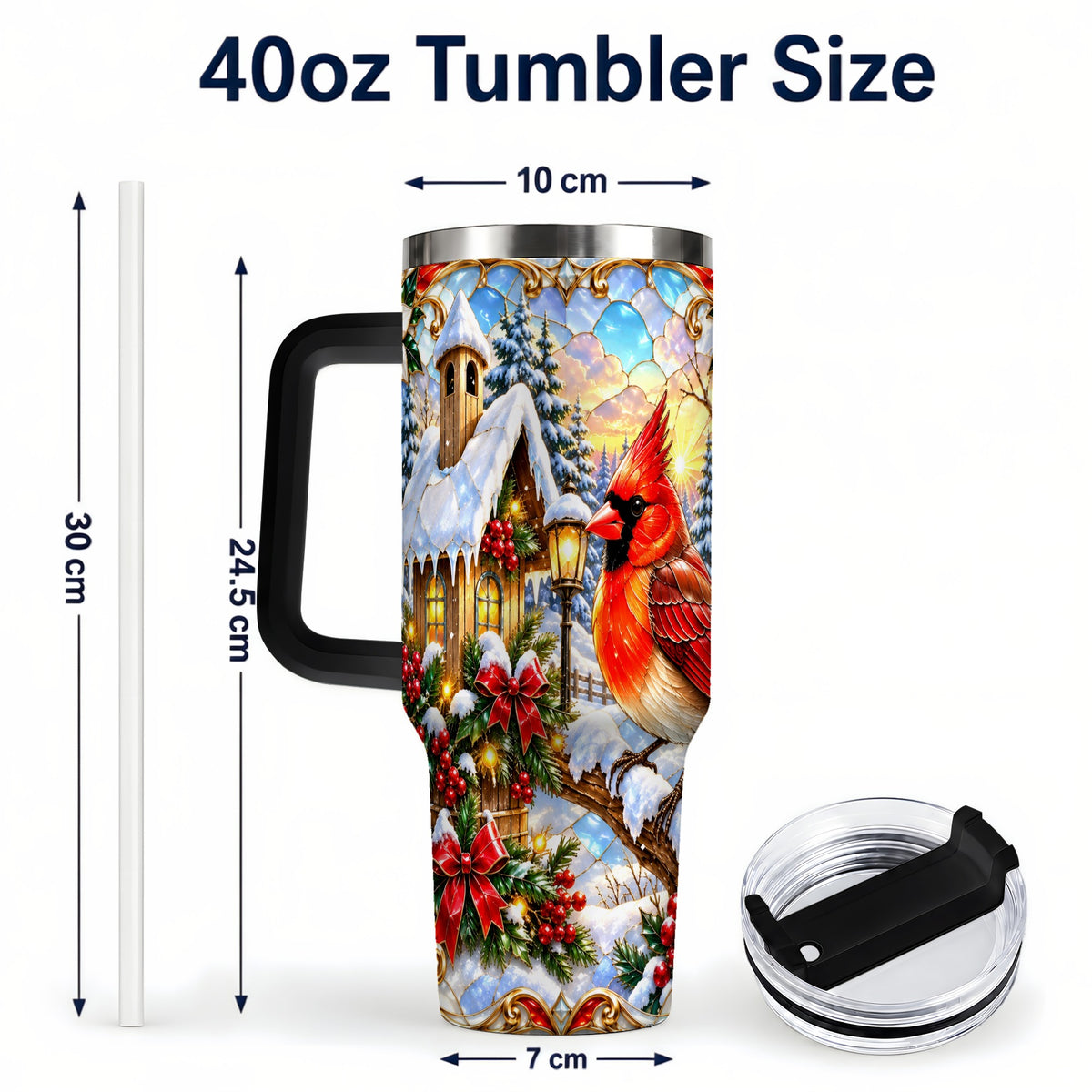 #pl[40oz|Black] Christmas Cardinal 40oz Tumbler with Handle, Winter Bird Travel Cup