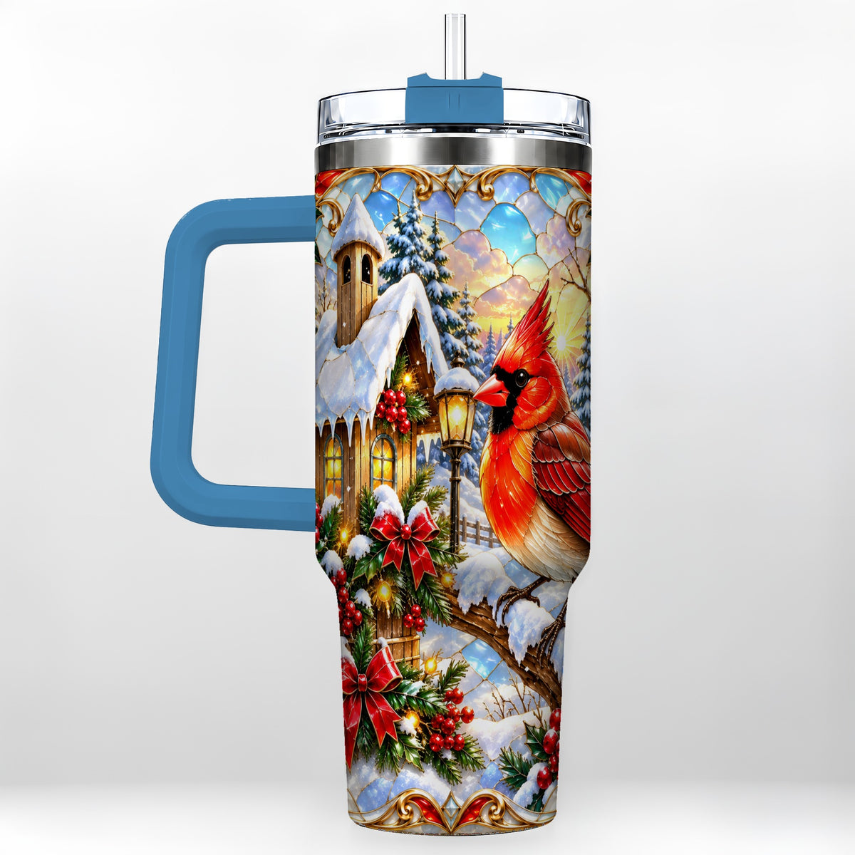 #pl[40oz|Blue] Christmas Cardinal 40oz Tumbler with Handle, Winter Bird Travel Cup