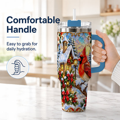 #pl[40oz|Blue] Christmas Cardinal 40oz Tumbler with Handle, Winter Bird Travel Cup