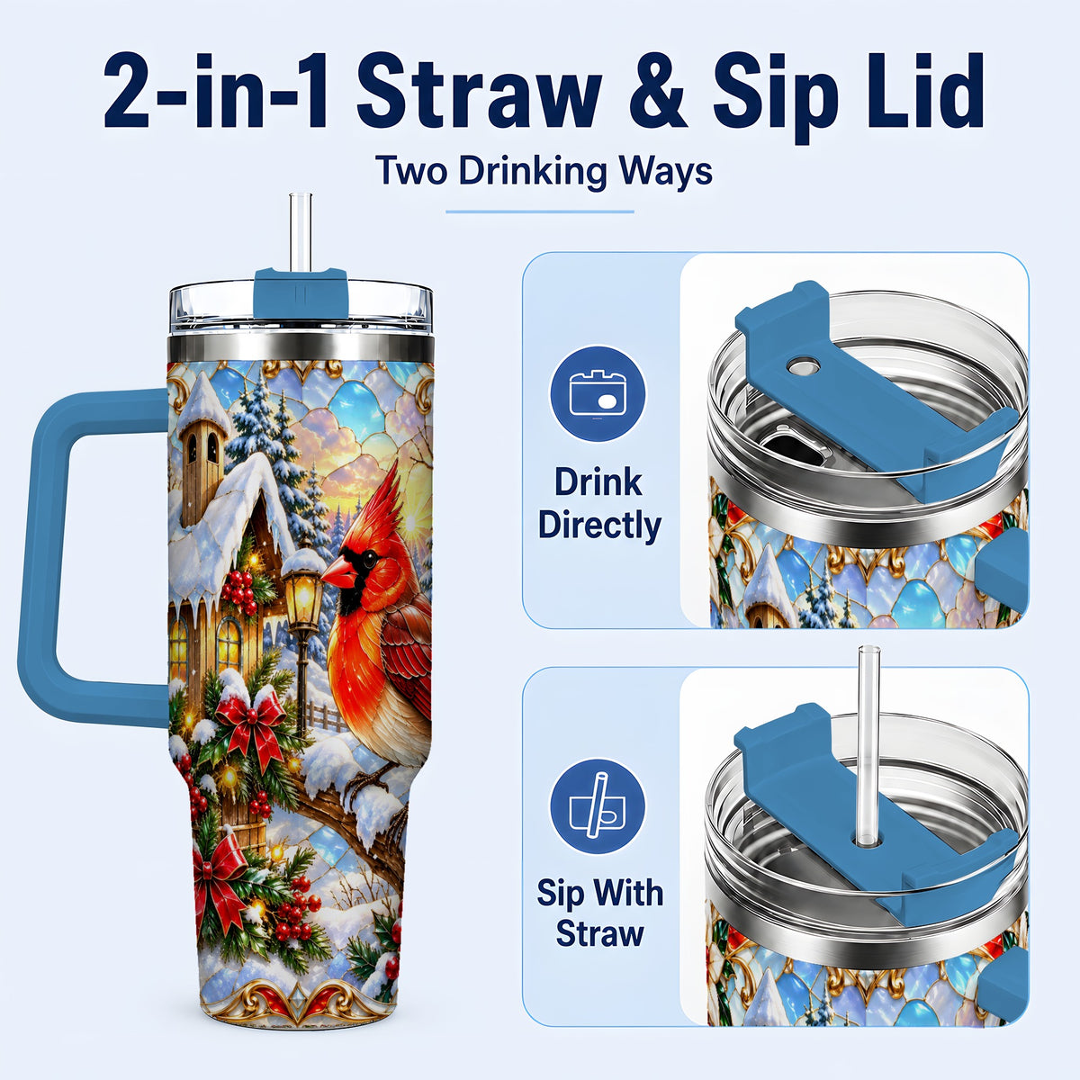 #pl[40oz|Blue] Christmas Cardinal 40oz Tumbler with Handle, Winter Bird Travel Cup