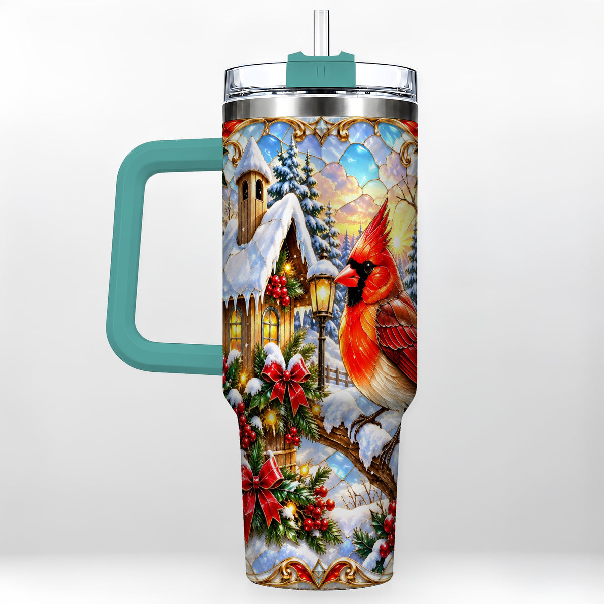 #pl[40oz|Green] Christmas Cardinal 40oz Tumbler with Handle, Winter Bird Travel Cup