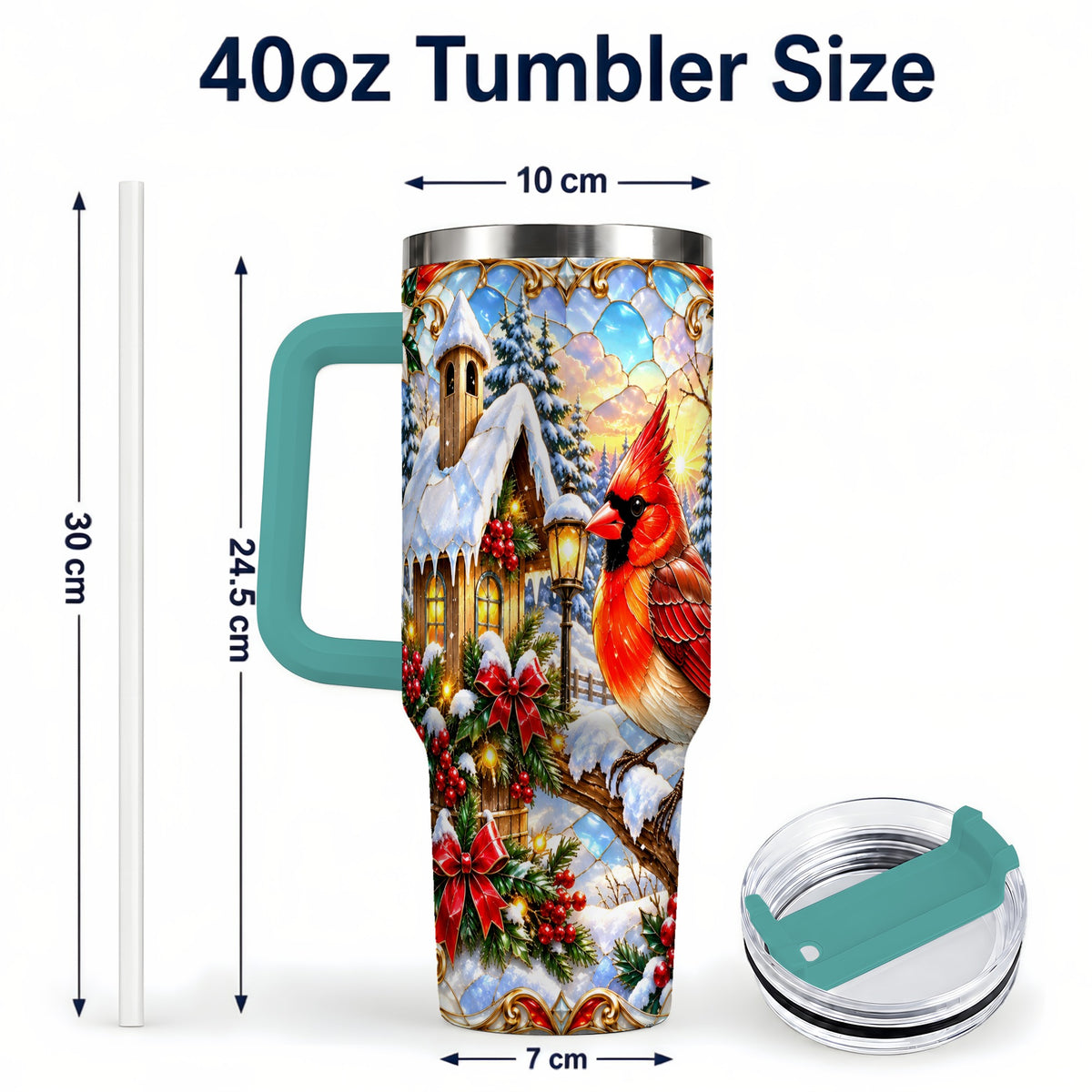 #pl[40oz|Green] Christmas Cardinal 40oz Tumbler with Handle, Winter Bird Travel Cup