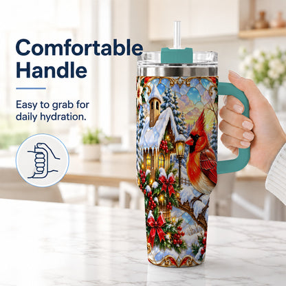 #pl[40oz|Green] Christmas Cardinal 40oz Tumbler with Handle, Winter Bird Travel Cup