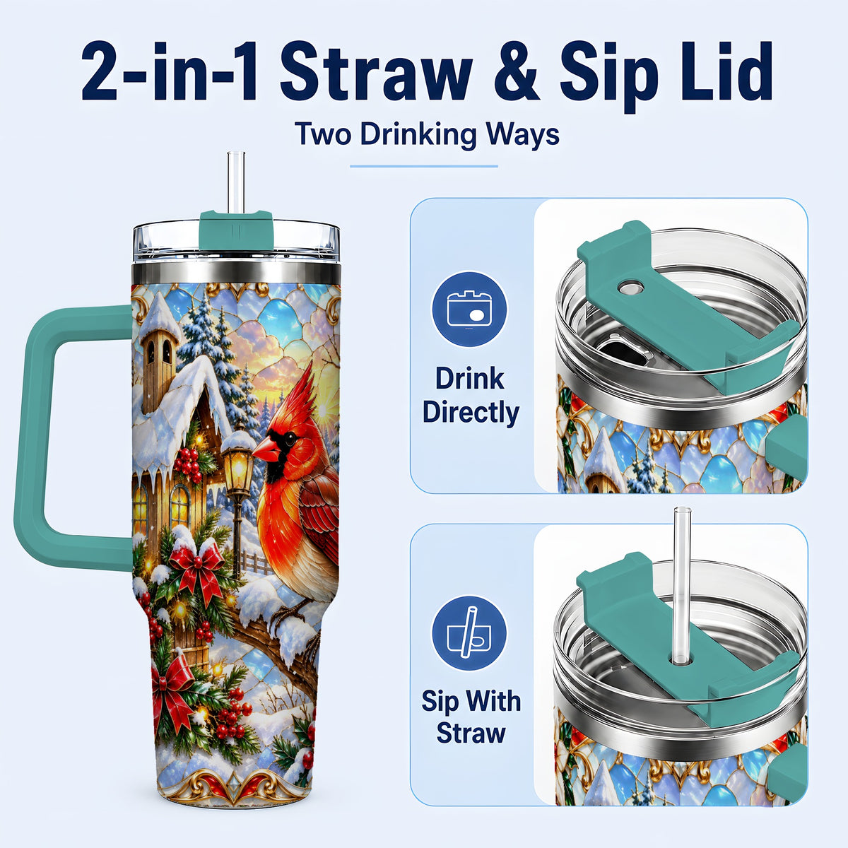 #pl[40oz|Green] Christmas Cardinal 40oz Tumbler with Handle, Winter Bird Travel Cup