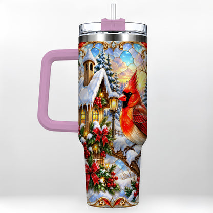 #pl[40oz|Pink] Christmas Cardinal 40oz Tumbler with Handle, Winter Bird Travel Cup