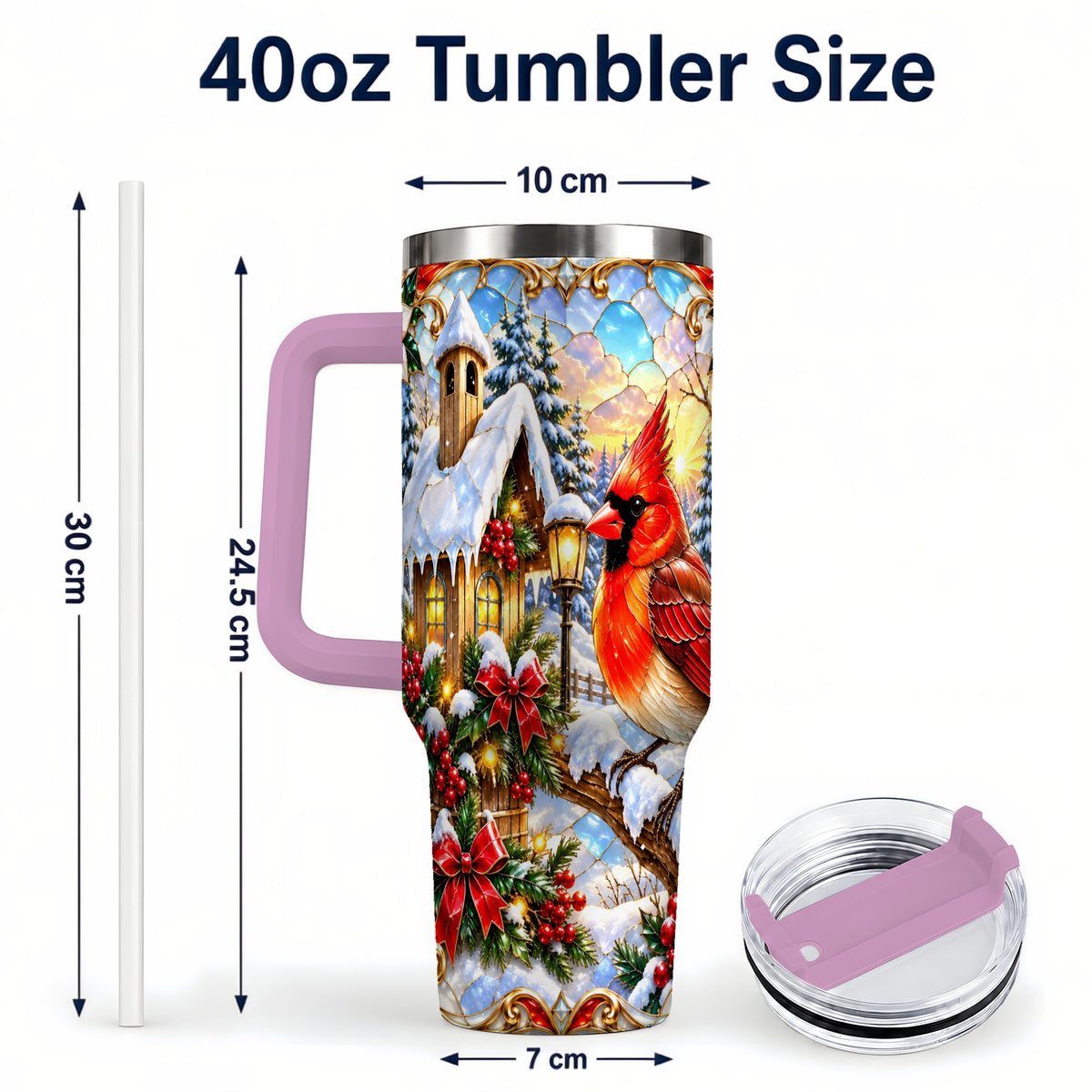 #pl[40oz|Pink] Christmas Cardinal 40oz Tumbler with Handle, Winter Bird Travel Cup