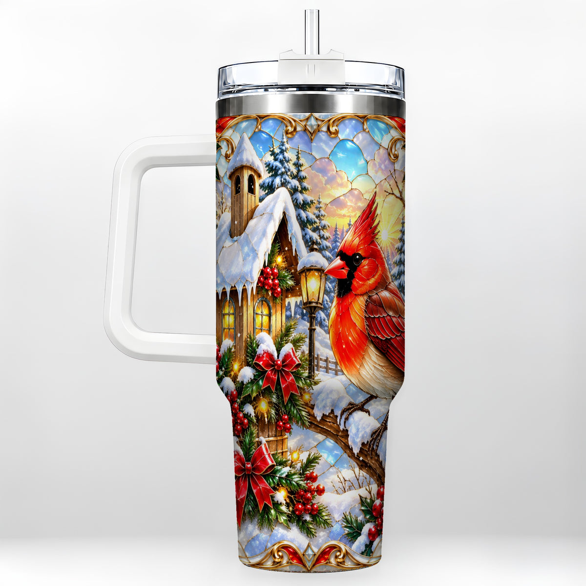 Christmas Cardinal 40oz Tumbler with Handle, Winter Bird Travel Cup