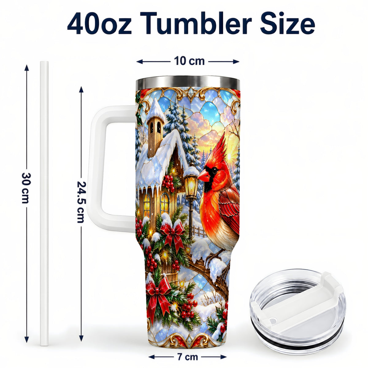 #pl[40oz|White] Christmas Cardinal 40oz Tumbler with Handle, Winter Bird Travel Cup