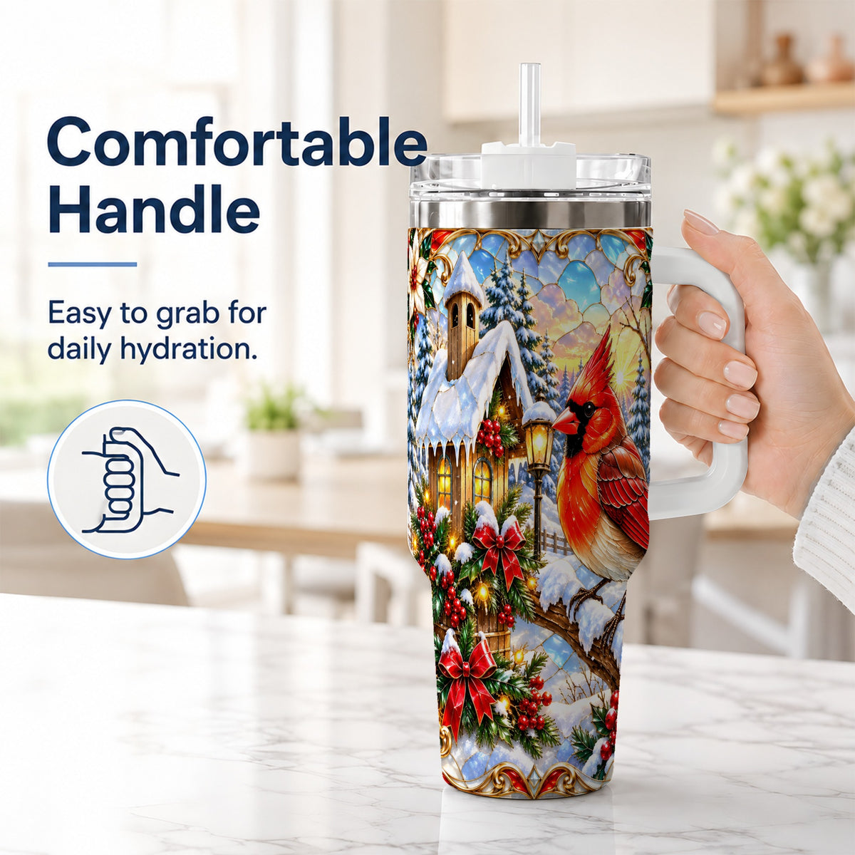 #pl[40oz|White] Christmas Cardinal 40oz Tumbler with Handle, Winter Bird Travel Cup