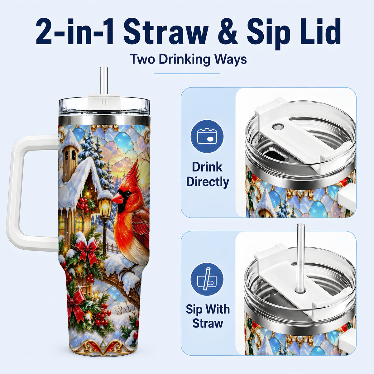 #pl[40oz|White] Christmas Cardinal 40oz Tumbler with Handle, Winter Bird Travel Cup