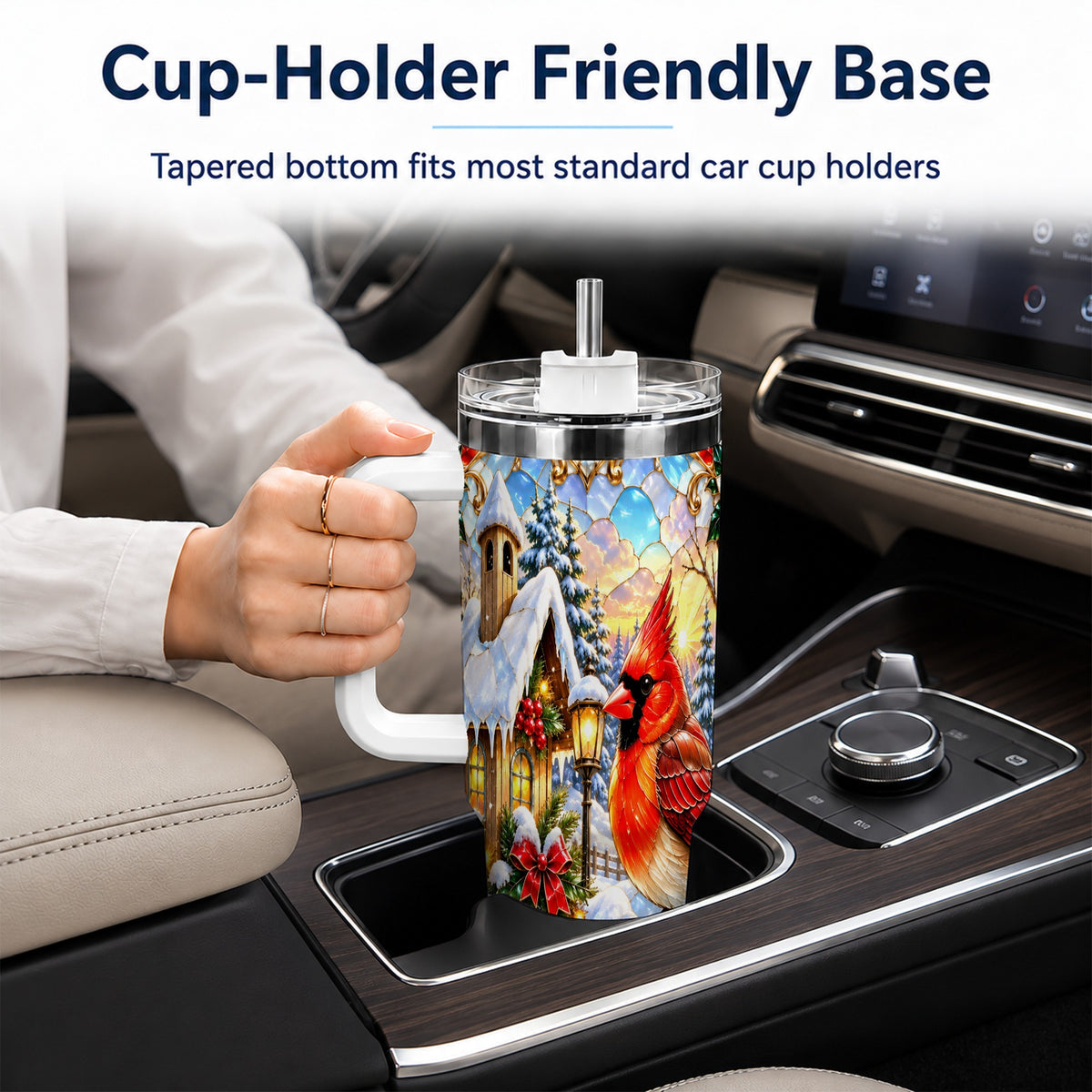 Christmas Cardinal 40oz Tumbler with Handle, Winter Bird Travel Cup