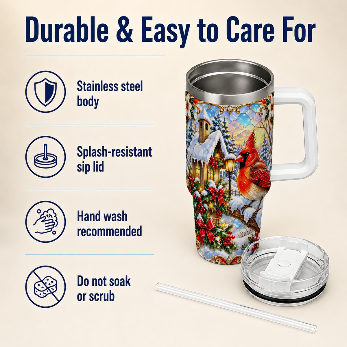 Christmas Cardinal 40oz Tumbler with Handle, Winter Bird Travel Cup