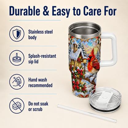 Christmas Cardinal 40oz Tumbler with Handle, Winter Bird Travel Cup