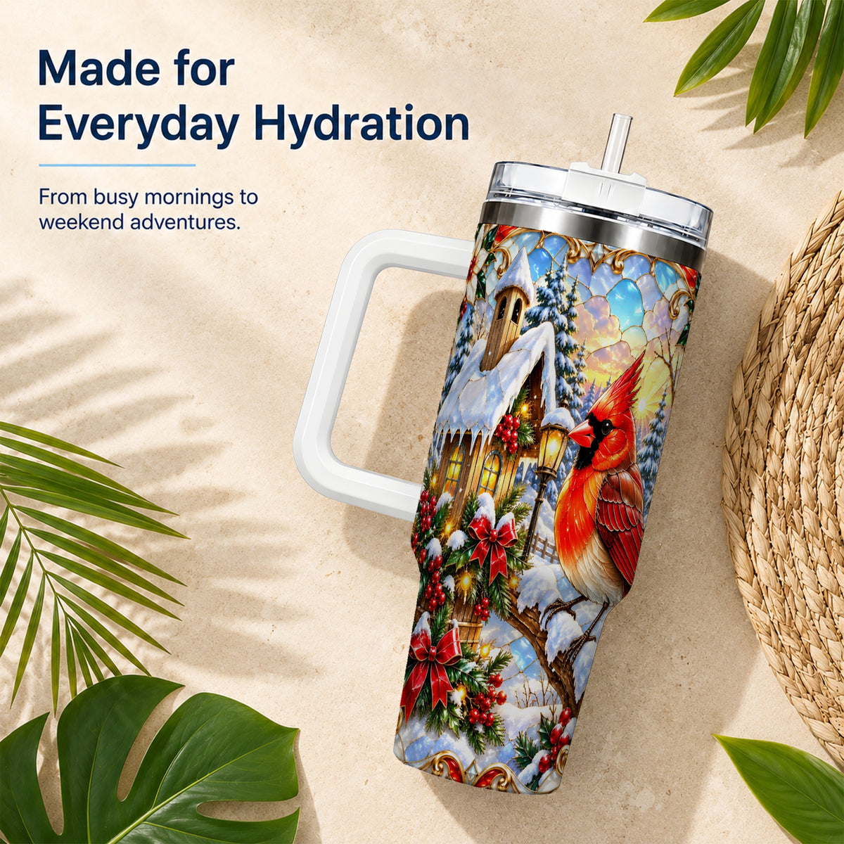 Christmas Cardinal 40oz Tumbler with Handle, Winter Bird Travel Cup