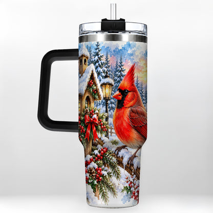 #pl[40oz|Black] Watercolor Cardinal 40oz Tumbler with Handle, Winter Bird Travel Cup