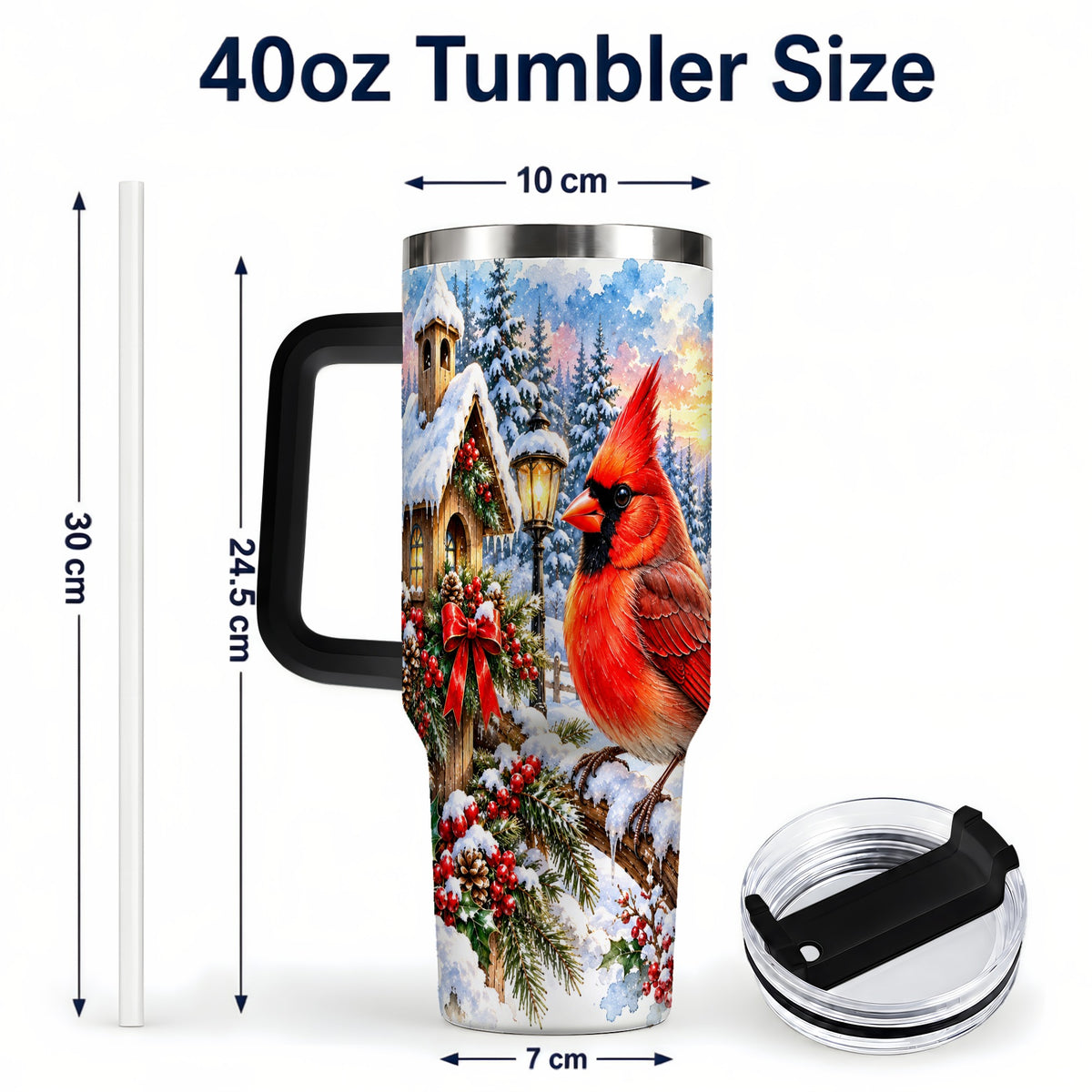 #pl[40oz|Black] Watercolor Cardinal 40oz Tumbler with Handle, Winter Bird Travel Cup