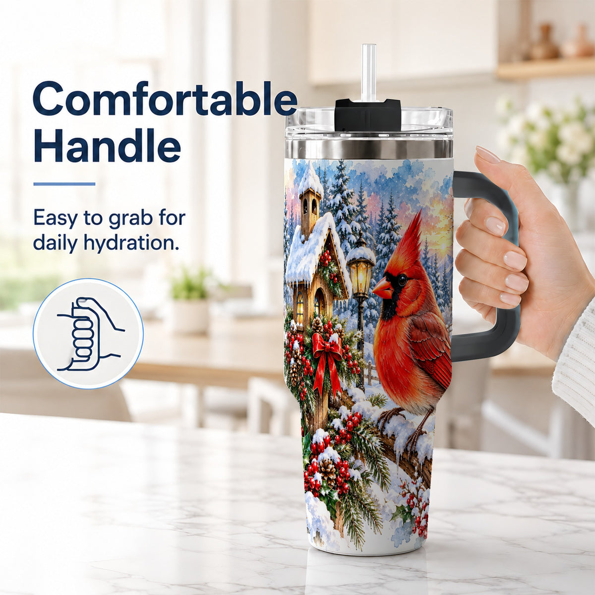 #pl[40oz|Black] Watercolor Cardinal 40oz Tumbler with Handle, Winter Bird Travel Cup