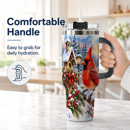 #pl[40oz|Black] Watercolor Cardinal 40oz Tumbler with Handle, Winter Bird Travel Cup