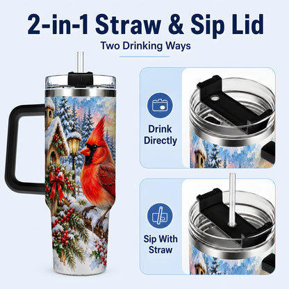 #pl[40oz|Black] Watercolor Cardinal 40oz Tumbler with Handle, Winter Bird Travel Cup