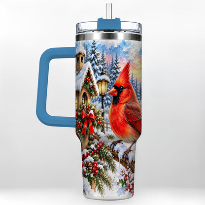 #pl[40oz|Blue] Watercolor Cardinal 40oz Tumbler with Handle, Winter Bird Travel Cup