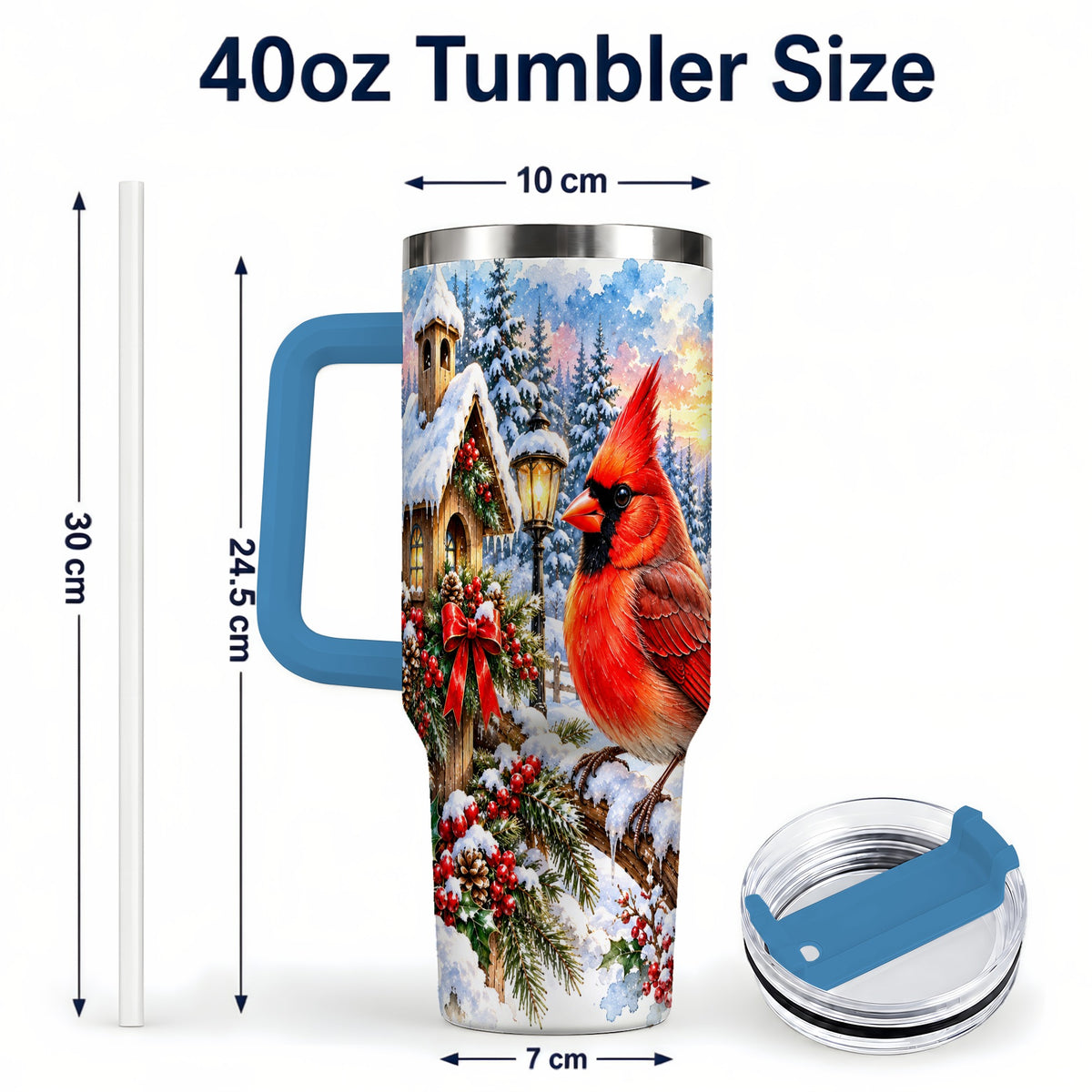 #pl[40oz|Blue] Watercolor Cardinal 40oz Tumbler with Handle, Winter Bird Travel Cup