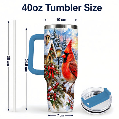 #pl[40oz|Blue] Watercolor Cardinal 40oz Tumbler with Handle, Winter Bird Travel Cup