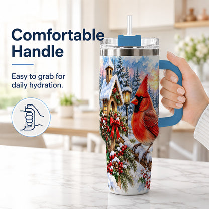 #pl[40oz|Blue] Watercolor Cardinal 40oz Tumbler with Handle, Winter Bird Travel Cup