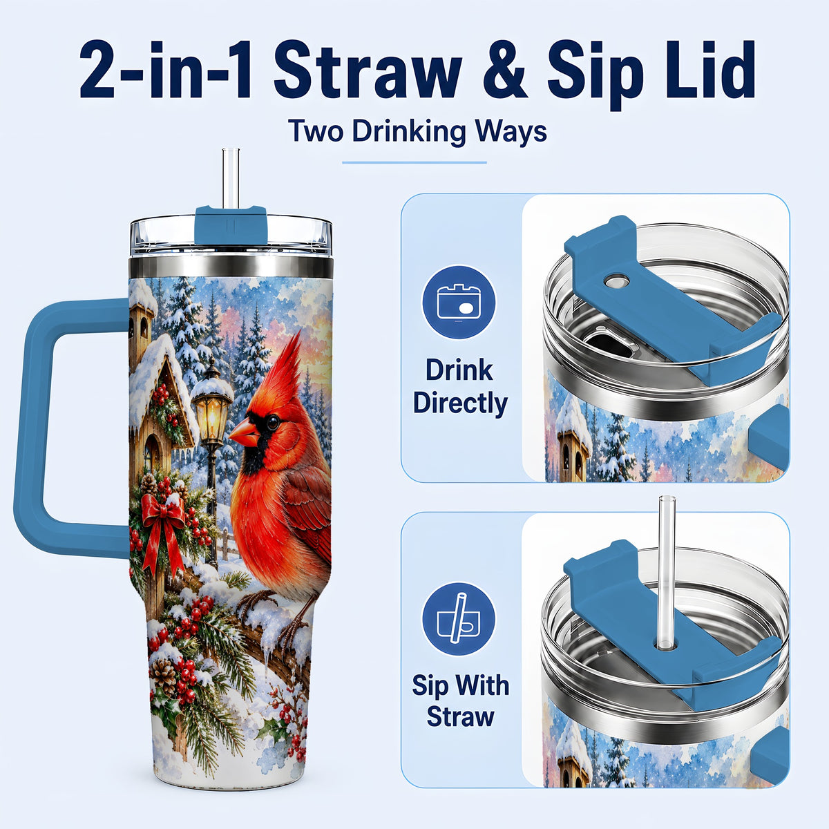#pl[40oz|Blue] Watercolor Cardinal 40oz Tumbler with Handle, Winter Bird Travel Cup