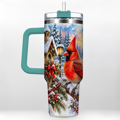#pl[40oz|Green] Watercolor Cardinal 40oz Tumbler with Handle, Winter Bird Travel Cup