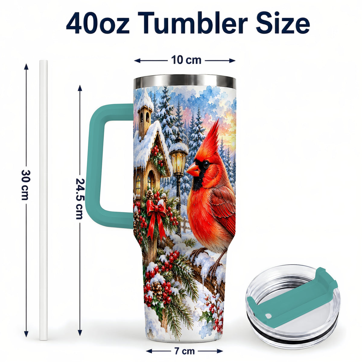#pl[40oz|Green] Watercolor Cardinal 40oz Tumbler with Handle, Winter Bird Travel Cup