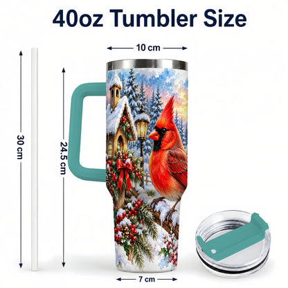 #pl[40oz|Green] Watercolor Cardinal 40oz Tumbler with Handle, Winter Bird Travel Cup
