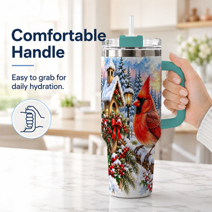#pl[40oz|Green] Watercolor Cardinal 40oz Tumbler with Handle, Winter Bird Travel Cup
