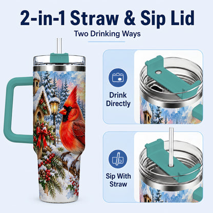 #pl[40oz|Green] Watercolor Cardinal 40oz Tumbler with Handle, Winter Bird Travel Cup