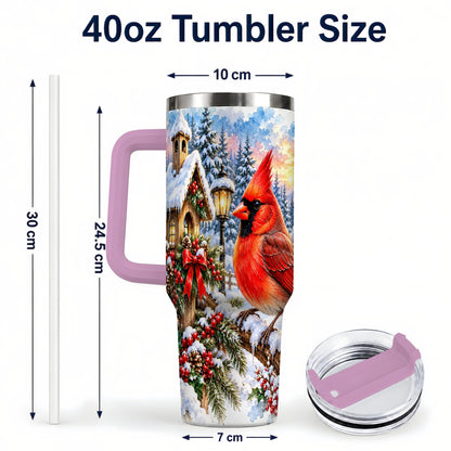 #pl[40oz|Pink] Watercolor Cardinal 40oz Tumbler with Handle, Winter Bird Travel Cup