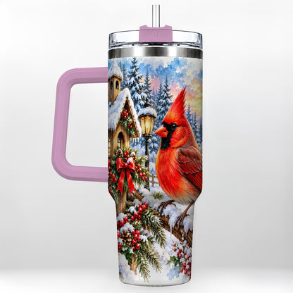 #pl[40oz|Pink] Watercolor Cardinal 40oz Tumbler with Handle, Winter Bird Travel Cup