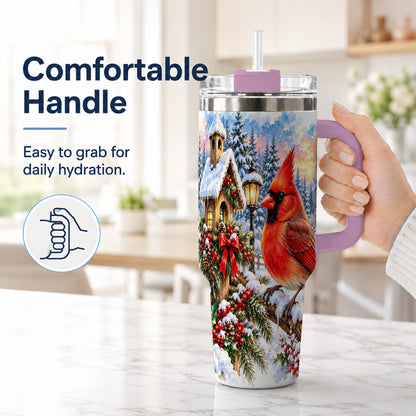 #pl[40oz|Pink] Watercolor Cardinal 40oz Tumbler with Handle, Winter Bird Travel Cup