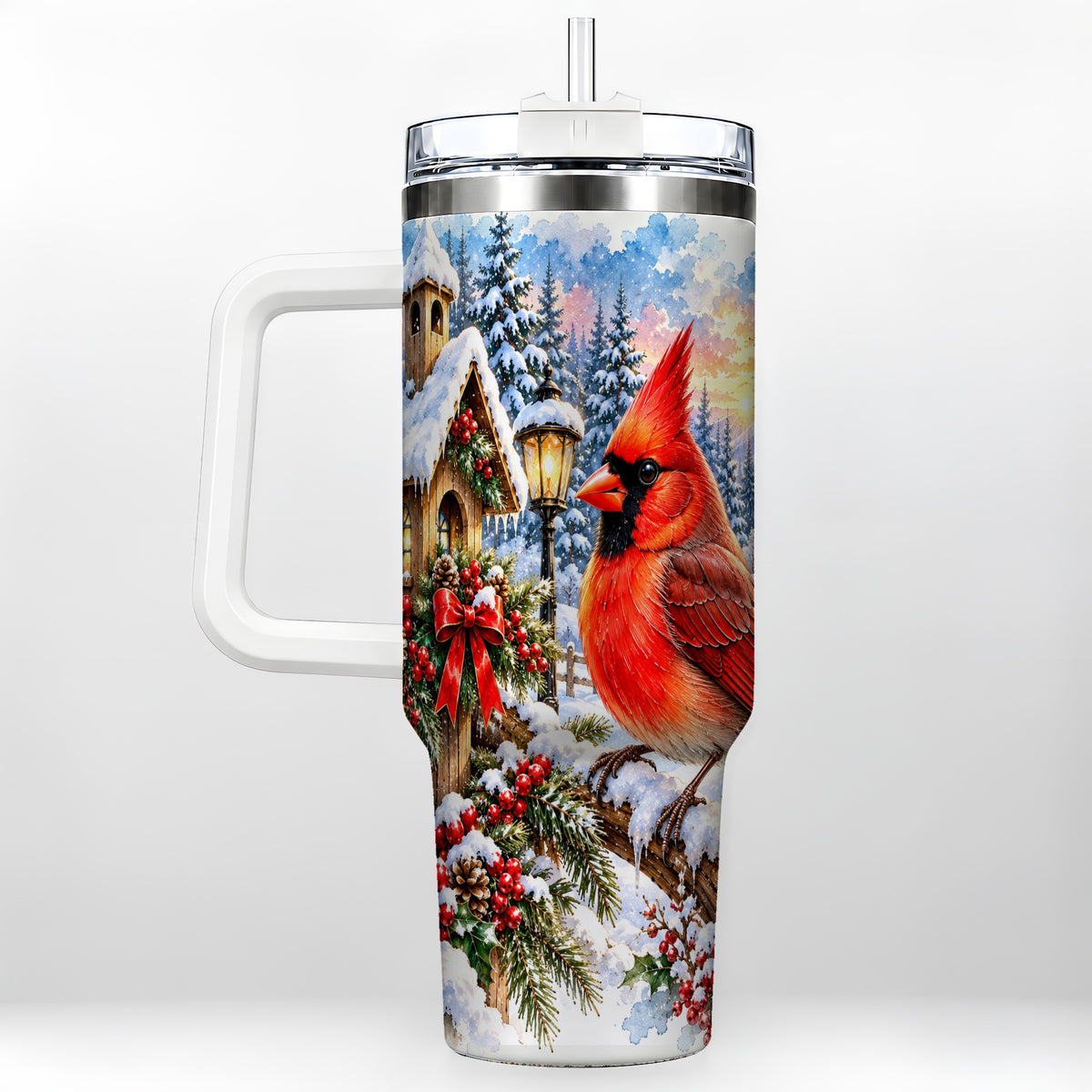 Watercolor Cardinal 40oz Tumbler with Handle, Winter Bird Travel Cup