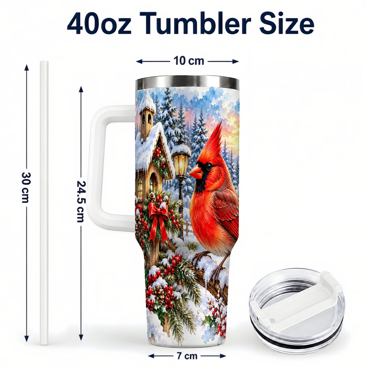 #pl[40oz|White] Watercolor Cardinal 40oz Tumbler with Handle, Winter Bird Travel Cup